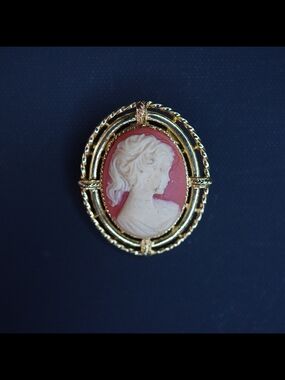 Vintage Cameo Brooch Gold Tone Pink White Lady Portrait Oval Pin Jewelry